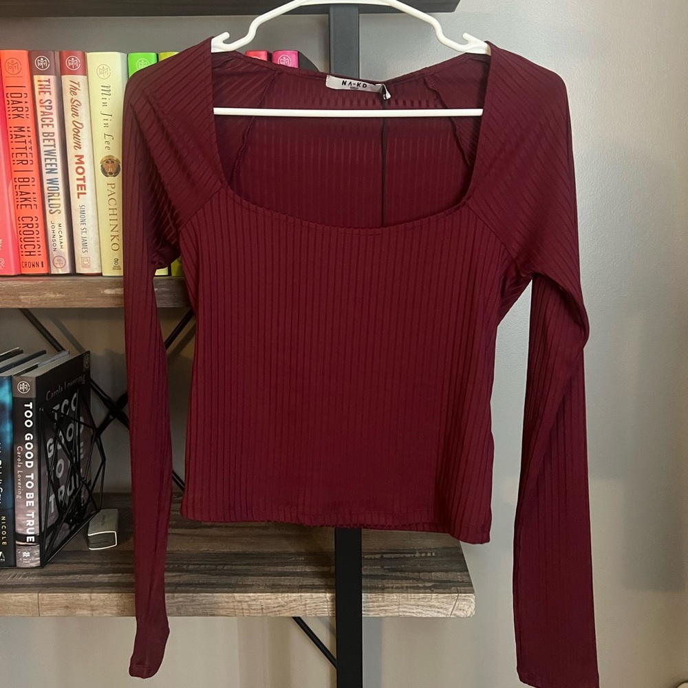 Square Neck Ribbed Top in Burgundy